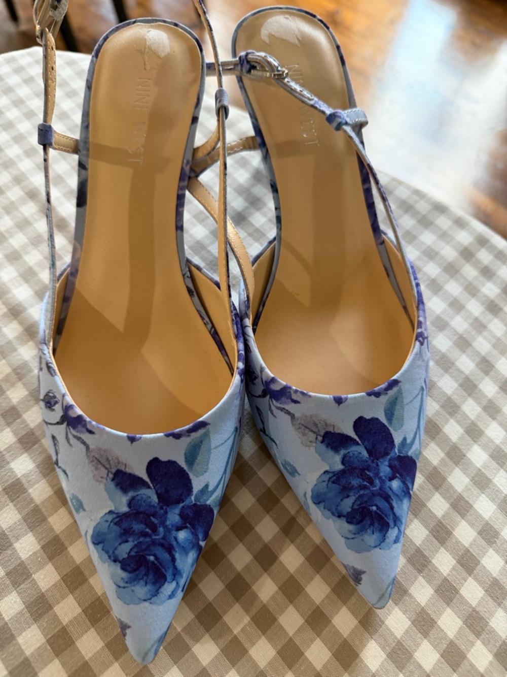Nine West Blue Floral Pointed Toe Slingback Heels